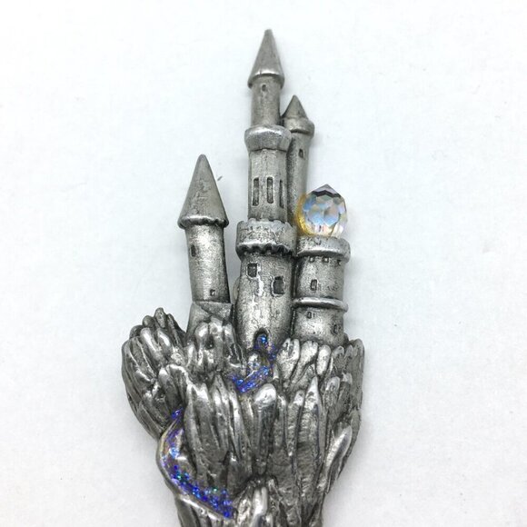 Silver Castle Brooch Halloween Fantasy Witch Jewelry Silver Tone Clear Crystal - Picture 3 of 9